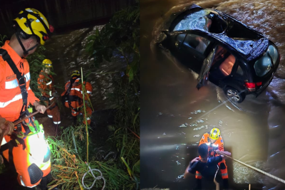 O automóvel acabou ficando preso nas proximidades do Viaduto Caetano Furquim -  (crédito: Corpo de Bombeiros/Reprodução)