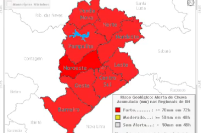 Todas as regionais da capital estão em nível vermelho, o que representa risco geológico forte -  (crédito: Defesa Civil/Reprodução)