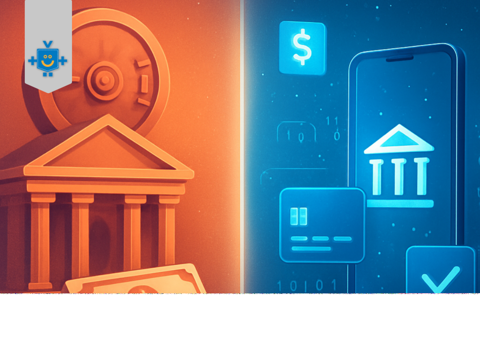 Imagem simbolizando a transição dos bancos tradicionais (em laranja) e o banco digital (em azul).  -  (crédito: Reprodução Educando Seu Bolso )