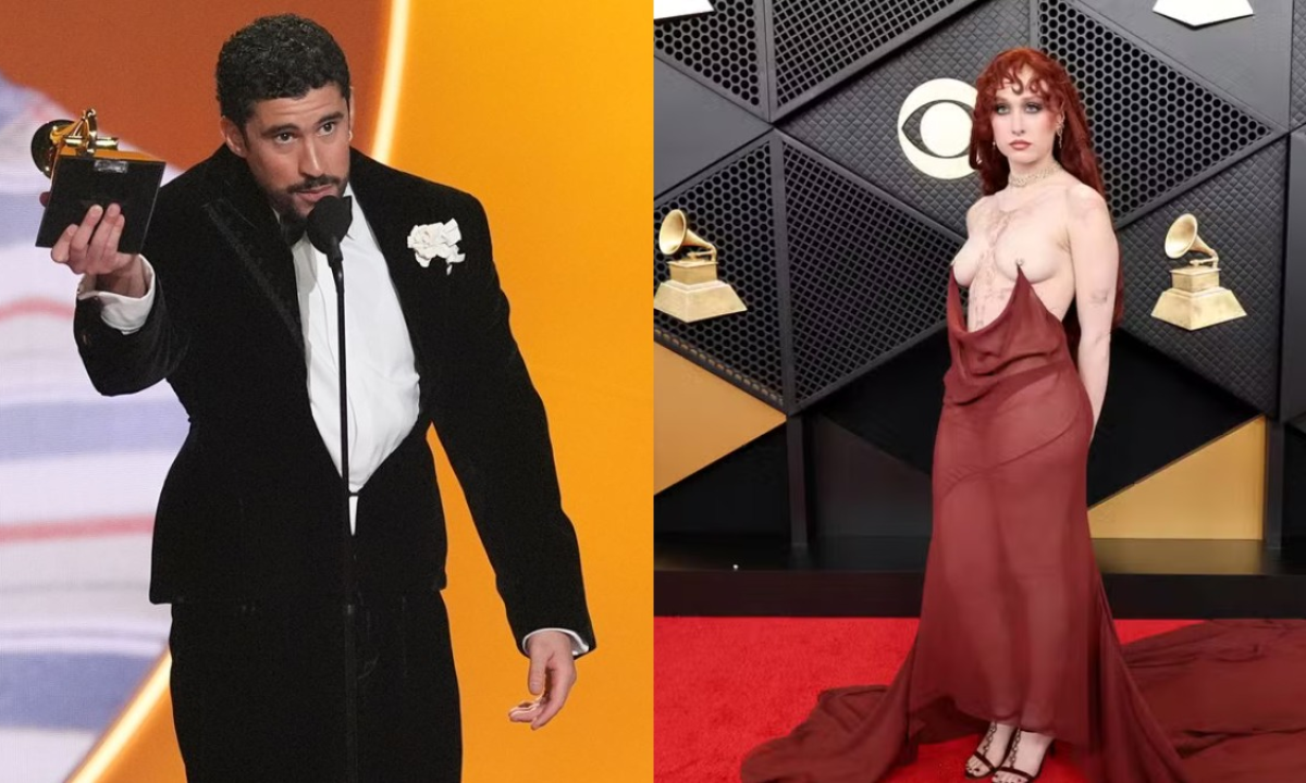 Bad Bunny, vencedor do Álbum do Ano, e Chappell Roan, com seu look ousado, foram destaques no Grammy 2026. - (crédito: Reprodução/ Redes)