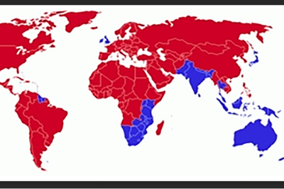 <p>O mundo tem dois sistemas de trânsito. Lugares onde as pessoas dirigem os carros no lado esquerdo,  com o veículo na pista da direita (em vermelho). E o contrário: volante à direita no carro, que trafega na pista à esquerda (em azul). </p>
 -  (crédito: Benjamin D. Esham Domínio Público)