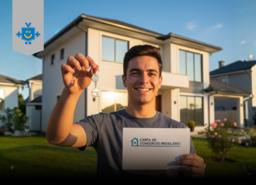 Jovem celebrando a conquista da casa própria com consórcio imobiliário, segurando chaves e carta de crédito em frente a um imóvel novo.
 -  (crédito: Reprodução Educando Seu Bolso )