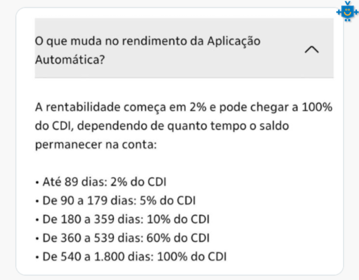Tabela da conta com rendimento autom&aacute;tico do Banco do Brasil.