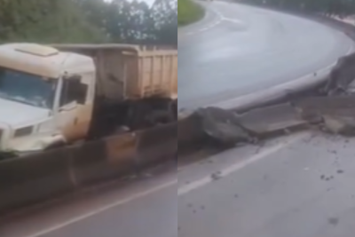 Com o impacto, a faixa da esquerda no sentido São Paulo precisou ser interditada -  (crédito: Redes Sociais/Reprodução)