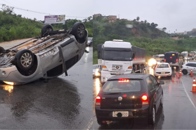Em ambos os casos, é possível observar que o asfalto estava bastante molhado no momento dos acidentes -  (crédito: Redes Sociais/Reprodução)