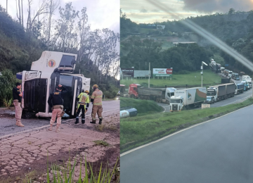 Com o impacto, a carreta ficou atravessada na pista, bloqueando o tráfego nos dois sentidos -  (crédito: Redes Sociais/Reprodução)