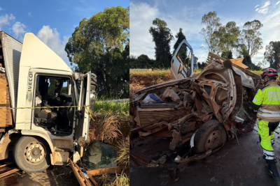 No local, foram identificadas três vítimas. Na caminhonete, estavam duas pessoas, sendo que uma delas morreu. O condutor do caminhão sobreviveu -  (crédito: Corpo de Bombeiros/Reprodução)