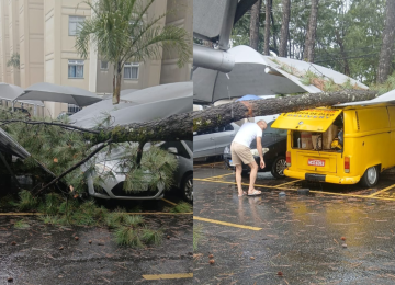 Com o impacto, a tenda do estacionamento foi destruída, além dos danos causados aos veículos -  (crédito: Corpo de Bombeiros/Reprodução)