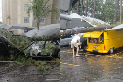 Com o impacto, a tenda do estacionamento foi destruída, além dos danos causados aos veículos -  (crédito: Corpo de Bombeiros/Reprodução)