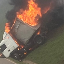 Carreta sai da pista, cai em canteiro e pega fogo na BR-381; veja vídeo - Redes Sociais/Reprodução