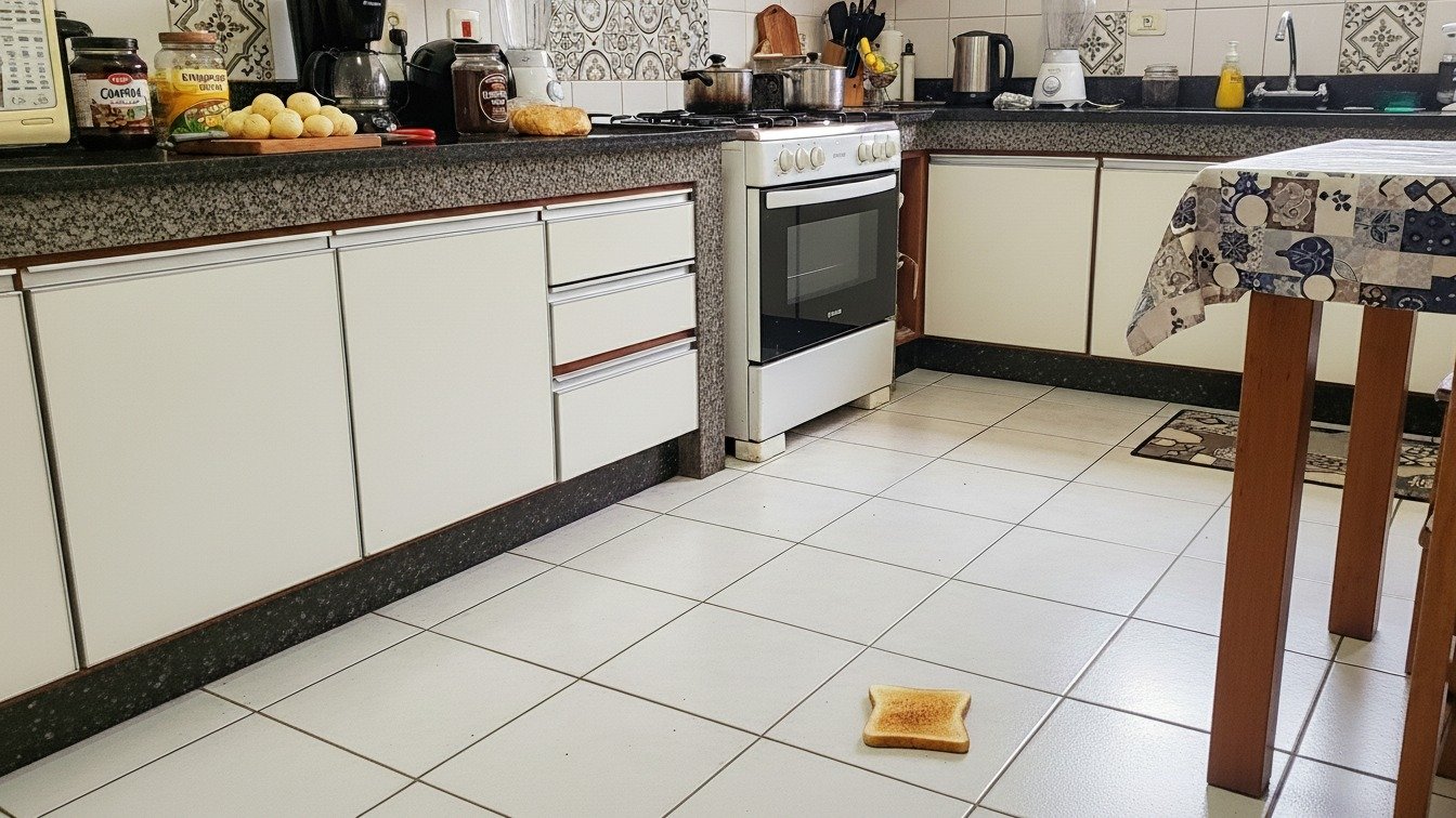 A ci&ecirc;ncia desmistifica a 'regra dos 5 segundos', mostrando que alimentos como este p&atilde;o no ch&atilde;o s&atilde;o rapidamente contaminados. -  (crédito: Estado de Minas/ Imagem gerada por IA)