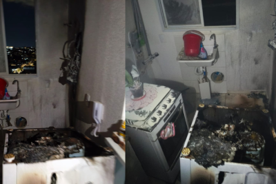 As chamas ficaram concentradas na área de serviço e atingiram uma máquina de lavar -  (crédito: Corpo de Bombeiros/Reprodução)