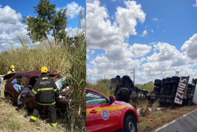 Com o impacto, o caminhão capotou e houve vazamento do creme de leite -  (crédito: Corpo de Bombeiros/Reprodução)