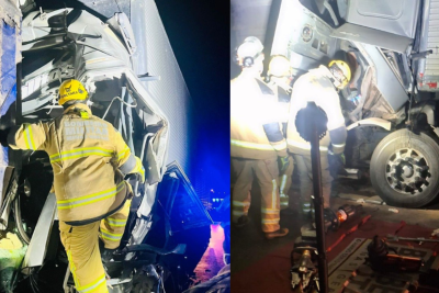O motorista da carreta que bateu na traseira ficou preso &agrave;s ferragens e morreu no local -  (crédito: Corpo de Bombeiros/Reprodu&ccedil;&atilde;o)