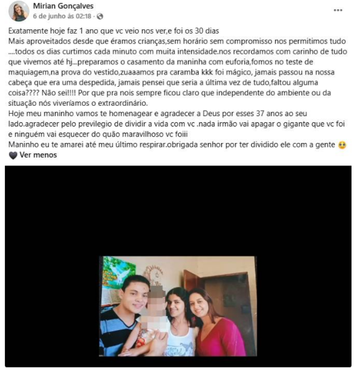 Irm&atilde; de Moys&eacute;s, Mirian Gon&ccedil;alves, fez uma despedida emocionante ao irm&atilde;o