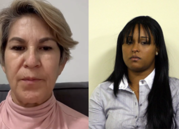 A esquerda pronunciamento da mãe de Eliza Samúdio, Sônia Moura e a direita Dayanne Souza em 2013, no julgamento do goleiro Bruno, no Forum de Contagem, na Grande BH -  (crédito: Redes Sociais e Edésio Ferreira/EM/D.A.Press)