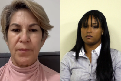 A esquerda pronunciamento da mãe de Eliza Samúdio, Sônia Moura e a direita Dayanne Souza em 2013, no julgamento do goleiro Bruno, no Forum de Contagem, na Grande BH -  (crédito: Redes Sociais e Edésio Ferreira/EM/D.A.Press)
