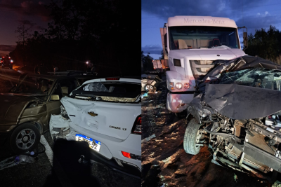 Engavetamento com carreta mobiliza bombeiros e deixa quatro feridos em MG -  (crédito: Corpo de Bombeiros/Reprodução)