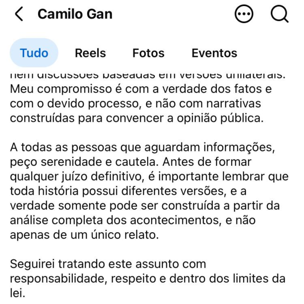 Nota de Camilo Gan sobre acusação de agressão-Redes Sociais/Reprodução