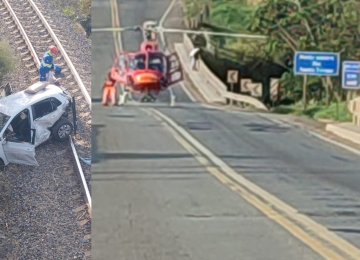 Fam&iacute;lia escapa com vida depois do carro cair de ponte e parar sobre trilhos -  (crédito: Corpo de Bombeiros/Reprodu&ccedil;&atilde;o)