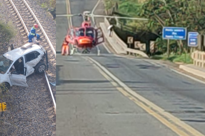 Família escapa com vida depois do carro cair de ponte e parar sobre trilhos -  (crédito: Corpo de Bombeiros/Reprodução)