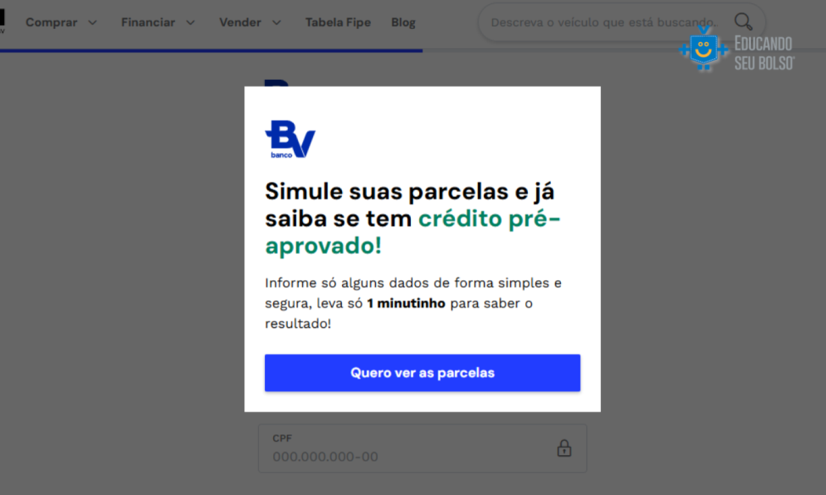 Financiamento de ve&iacute;culos do Banco BV 