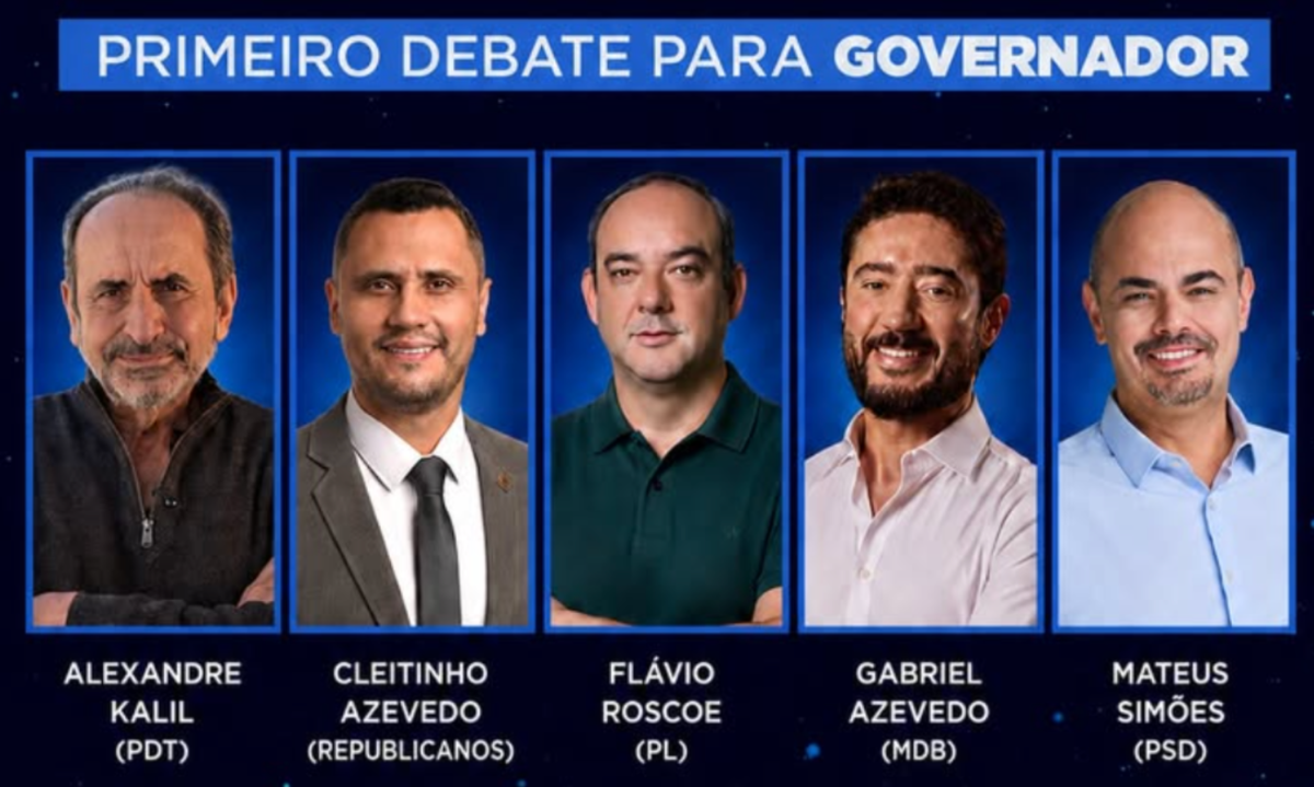 O primeiro debate televisivo da disputa pelo Palácio Tiradentes terá cinco candidatos: Alexandre Kalil (PDT), Cleitinho Azevedo (Republicanos), Flávio Roscoe (PL), Gabriel Azevedo (MDB) e Mateus Simões (PSD) - (crédito: Reprodução/Band)