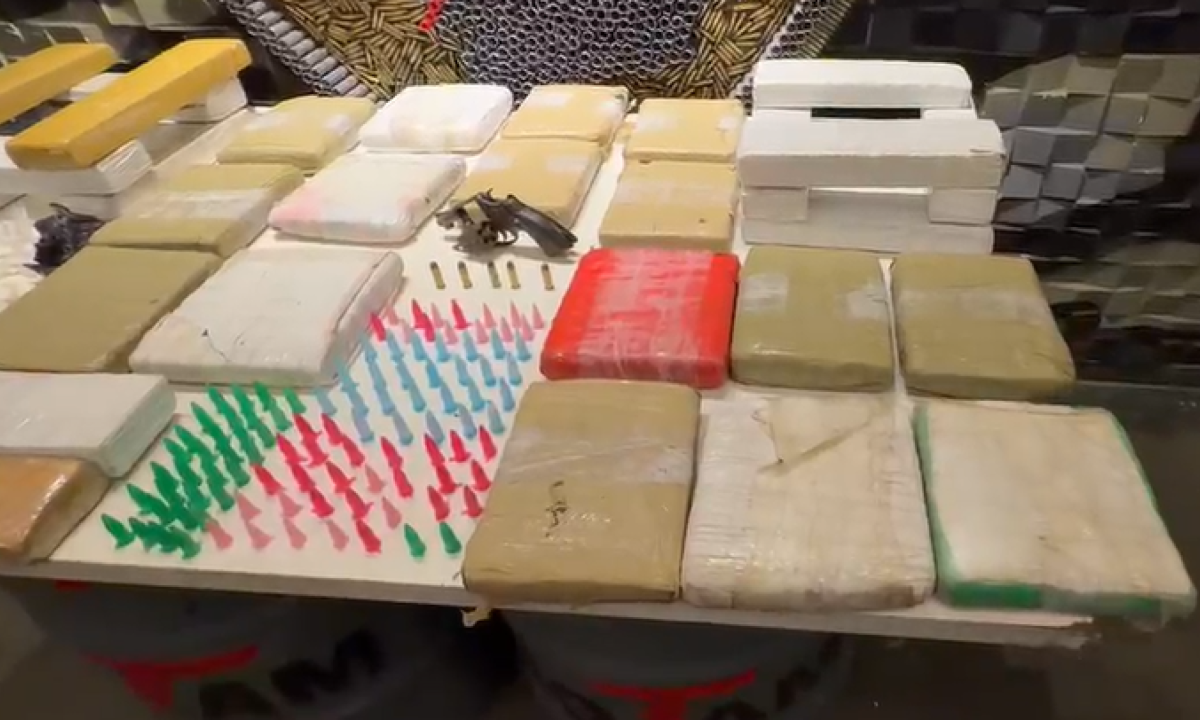 A PM apreendeu 16 barras de skunk, 12 barras de maconha, 11 porções de maconha, seis porções e 98 pinos de cocaína, além de 80 papelotes da mesma droga - (crédito: PM/Reprodução)