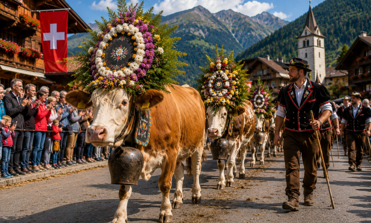 Após passarem o verão pastando nas montanhas, os rebanhos descem guiados por famílias de agricultores vestidas com trajes típicos - (crédito: Fribourg.ch)