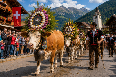 Após passarem o verão pastando nas montanhas, os rebanhos descem guiados por famílias de agricultores vestidas com trajes típicos -  (crédito: Fribourg.ch)