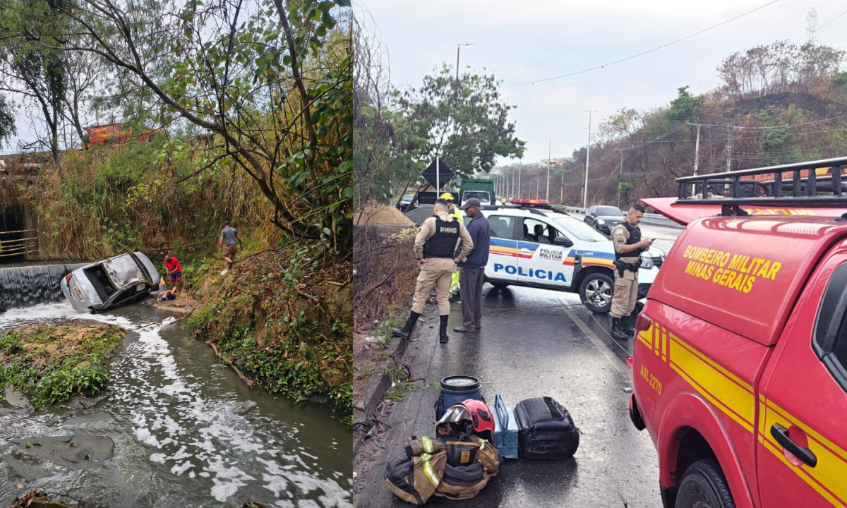 Motorista perde controle do carro e cai em córrego em Ribeirão das Neves - (crédito: Corpo de Bombeiros/Reprodução)