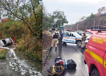 Motorista perde controle do carro e cai em córrego em Ribeirão das Neves -  (crédito: Corpo de Bombeiros/Reprodução)