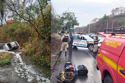 Motorista perde controle do carro e cai em córrego em Ribeirão das Neves -  (crédito: Corpo de Bombeiros/Reprodução)
