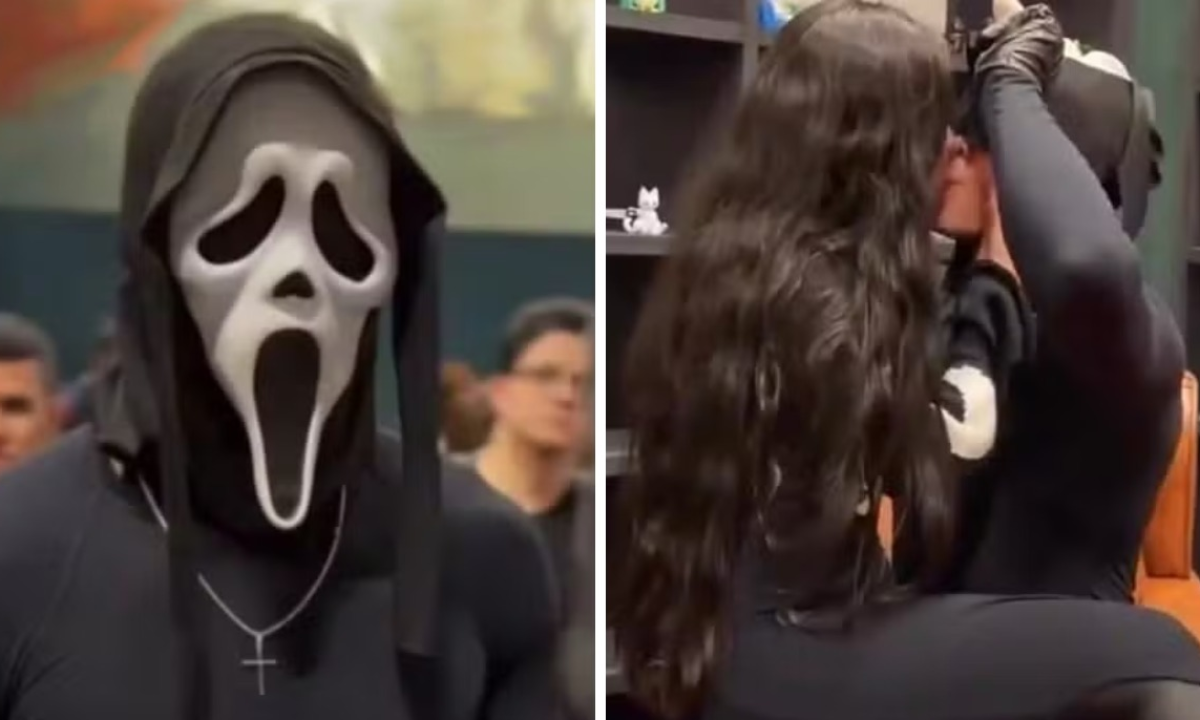 Imagens mostram o homem mascarado de Ghostface, pivô de controvérsia e acusações de assédio na Bienal do Livro - (crédito: Redes sociais)