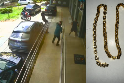 Homem corre para barbearia, mas ladrões o perseguem e levam corrente em BH -  (crédito: PMMG/Reprodução)