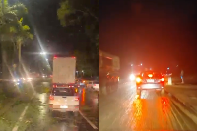 Temporal leva lama e árvores para a BR-381 e complica trânsito -  (crédito: Redes Sociais/Reprodução)