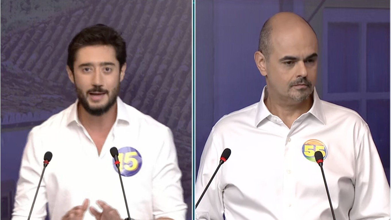 Mateus Sim&otilde;es (PSD) e Gabriel Azevedo (MDB), os &uacute;nicos candidatos presentes no debate da Record Minas, usaram o tempo para atacar Patrus Ananias -  (crédito: Reprodu&ccedil;&atilde;o/RecordTV)