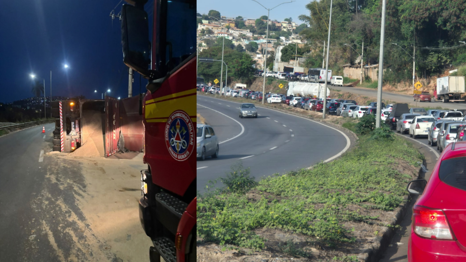 Caminh&atilde;o tomba, derrama &oacute;leo e causa congestionamento na MG-020
