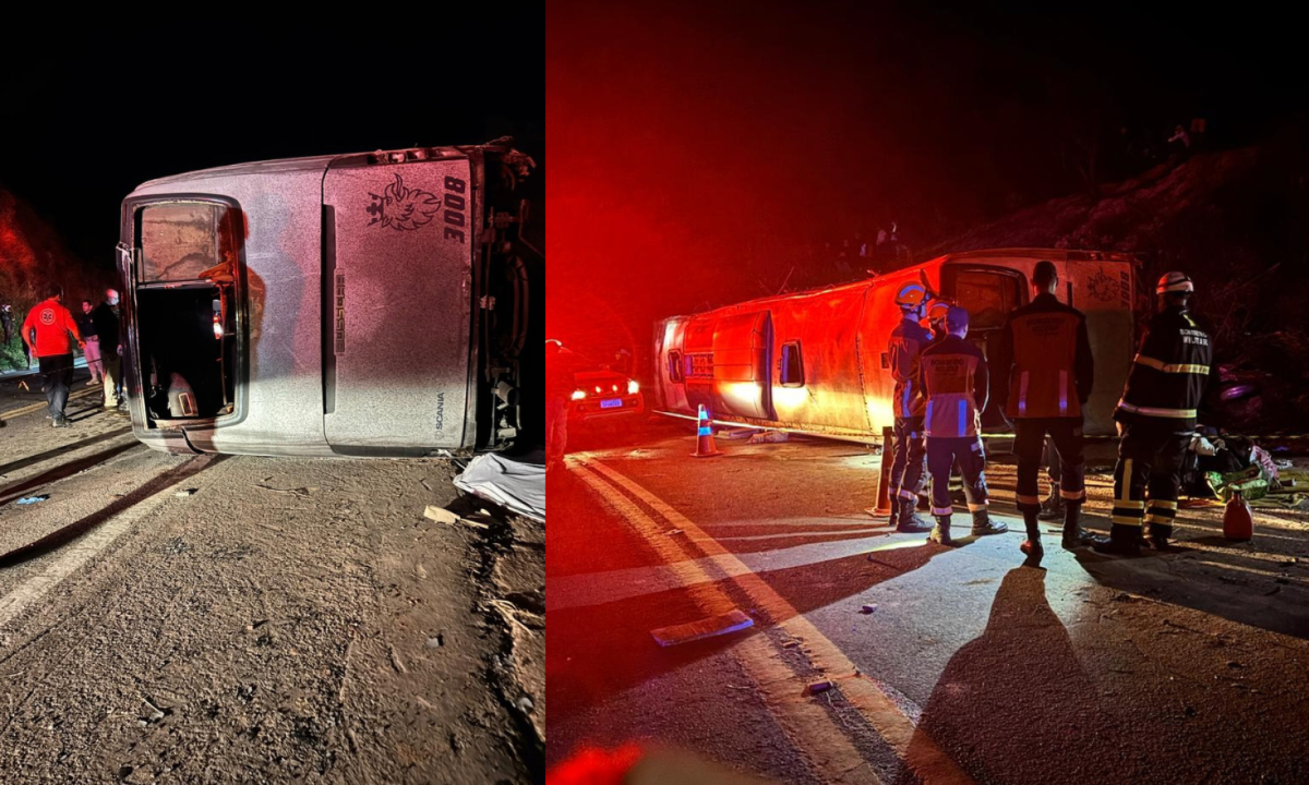 Ônibus tombou na noite de ontem e deixou três mortos e 44 feridos em ES - (crédito: Corpo de Bombeiros ES/Reprodução)