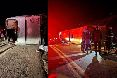 Ônibus tombou na noite de ontem e deixou três mortos e 44 feridos em ES -  (crédito: Corpo de Bombeiros ES/Reprodução)