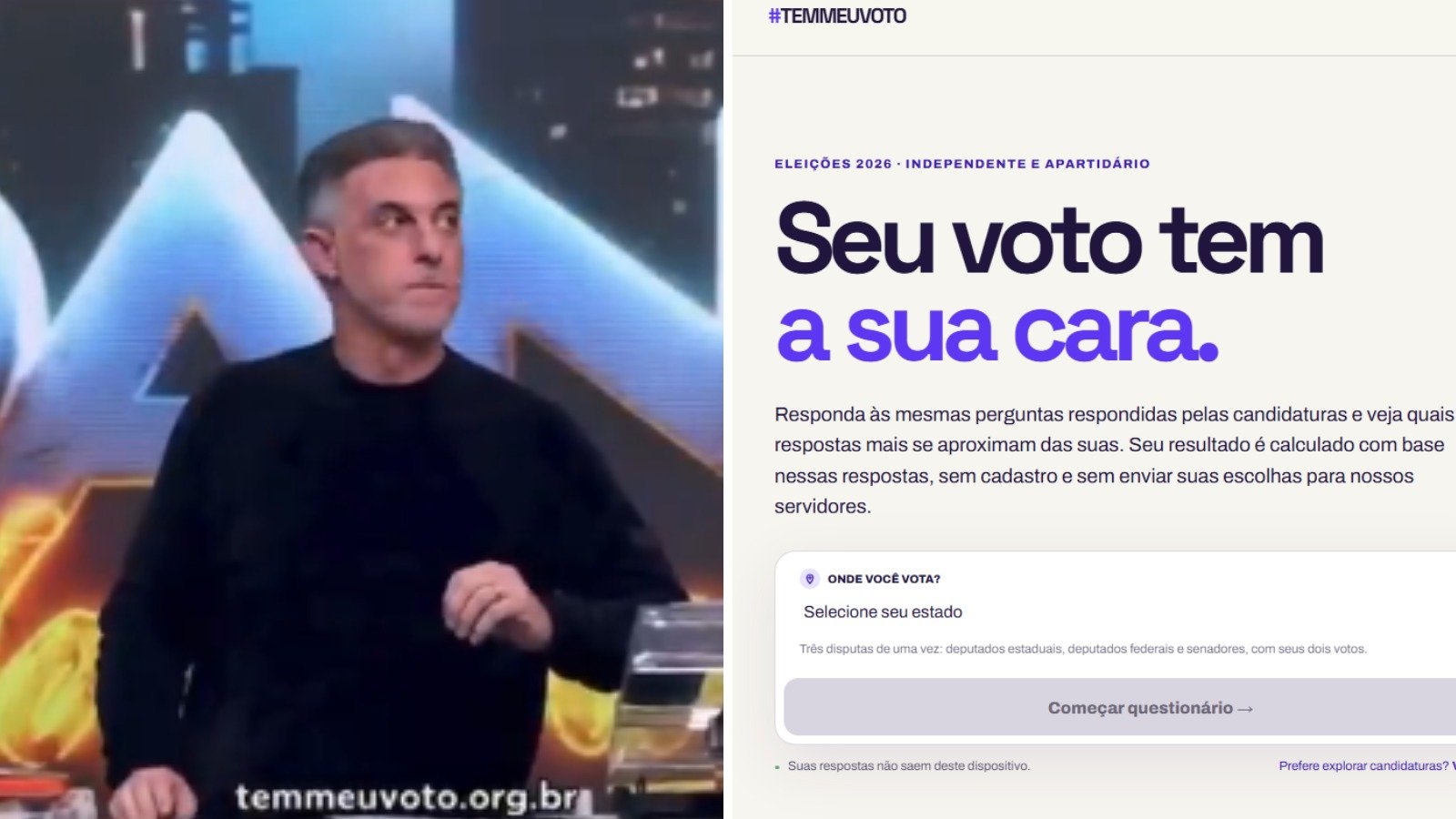 Luciano Huck divulga plataforma TemMeuVoto, que gerou controv&eacute;rsia nas redes sociais por suposto vi&eacute;s pol&iacute;tico nas indica&ccedil;&otilde;es -  (crédito: TV Globo / reprodu&ccedil;&atilde;o)
