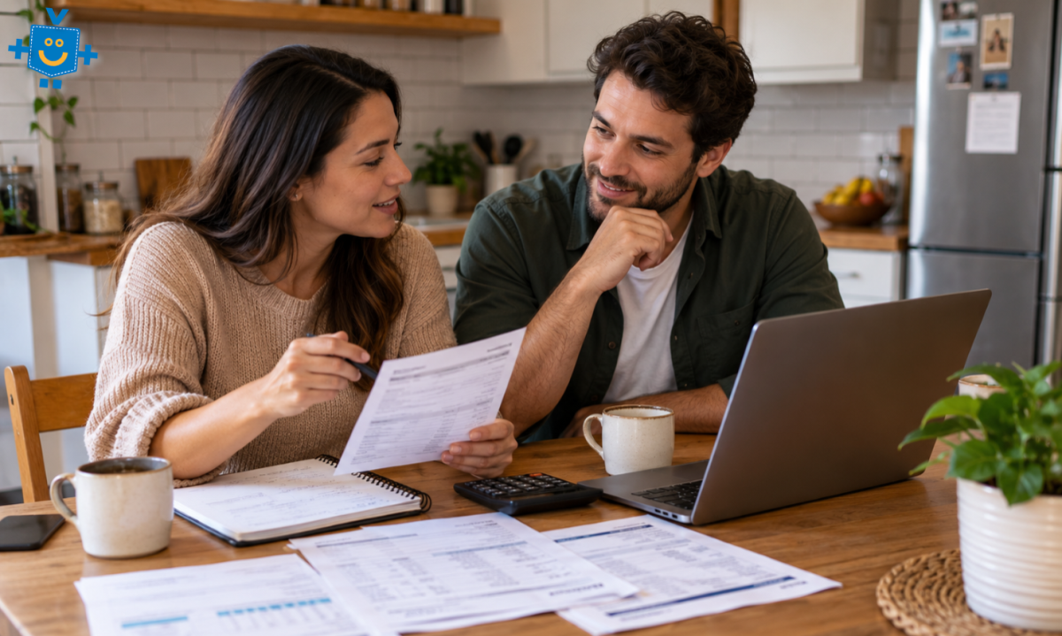 Casal sentado à mesa da cozinha, com notebook, extratos e uma xícara de café, conversando de forma tranquila sobre as contas da casa.
 -  (crédito: Reprodução Educando seu Bolso)