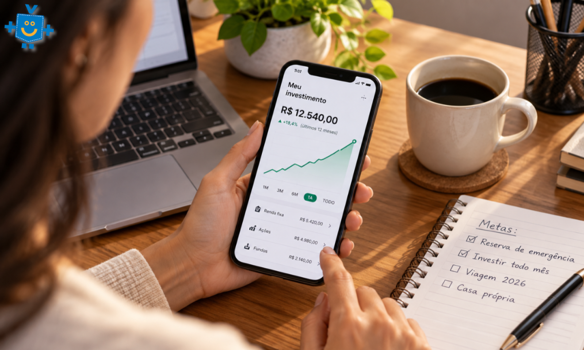 Pessoa olhando seu relatório de investimento na tela de um celular, com uma xícara de café e um caderno de anotações sobre a mesa. -  (crédito: Reprodução Educando seu Bolso)
