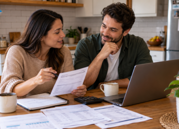 Casal sentado à mesa da cozinha, com notebook, extratos e uma xícara de café, conversando de forma tranquila sobre as contas da casa.
 -  (crédito: Reprodução Educando seu Bolso)