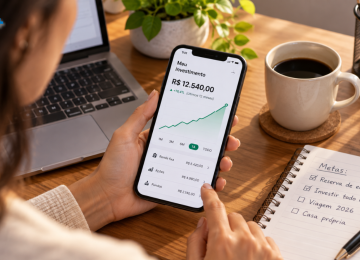 Pessoa olhando seu relatório de investimento na tela de um celular, com uma xícara de café e um caderno de anotações sobre a mesa. -  (crédito: Reprodução Educando seu Bolso)