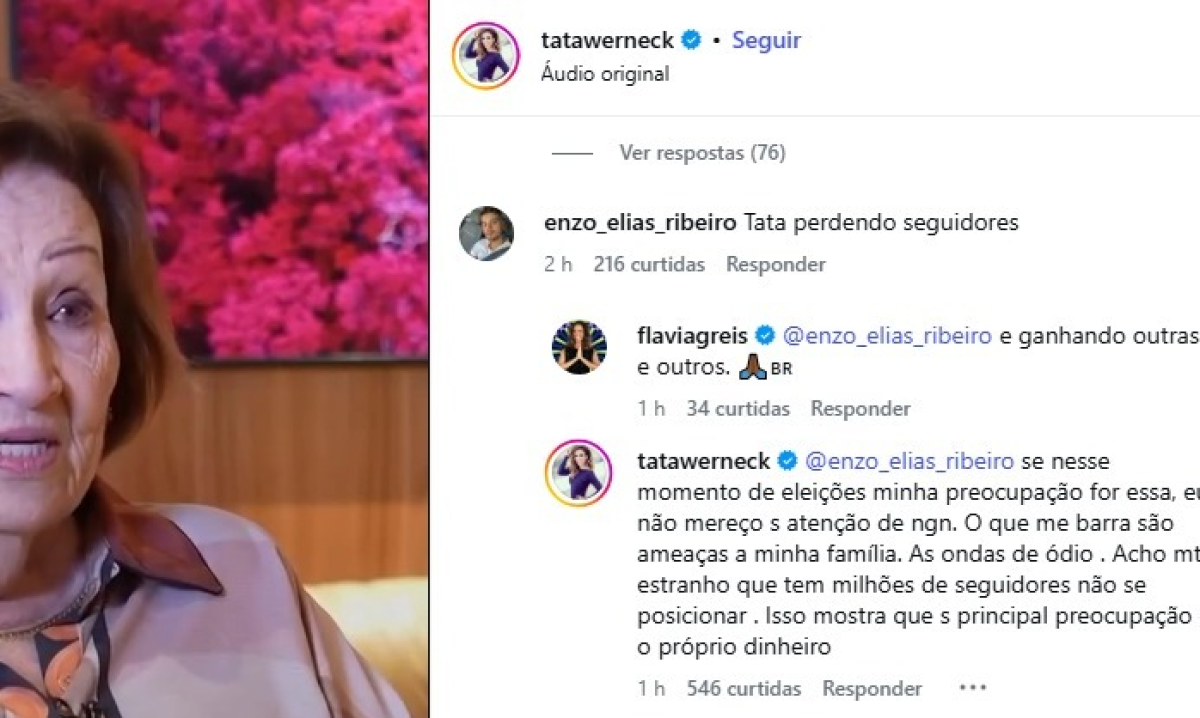 Comentário de Tata Werneck rebatendo usuário e criticando a falta de posicionamento político de influenciadores - (crédito: Reprodução/Instagram @tatawerneck)