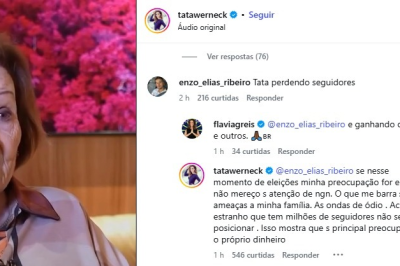 Coment&aacute;rio de Tata Werneck rebatendo usu&aacute;rio e criticando a falta de posicionamento pol&iacute;tico de influenciadores -  (crédito: Reprodu&ccedil;&atilde;o/Instagram @tatawerneck)