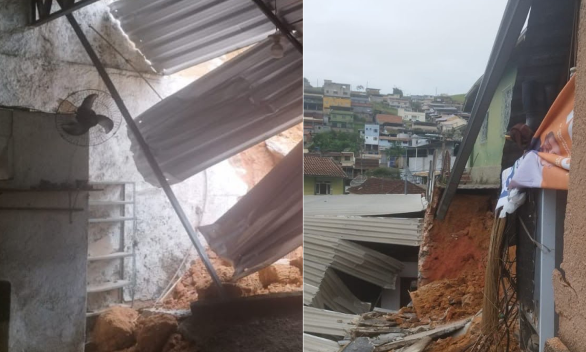 Bicas, na Zona da Mata de Minas Gerais, nesta quarta-feira (28/10)
Desabamento atingiu os telhados de uma igreja e de uma loja em Bicas, na Zona da Mata mineira, nesta quarta-feira (28/10) - (crédito: Divulgação/CBMMG)