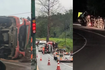 BR-381 tem dois tombamentos de carretas e trânsito em pare e siga -  (crédito: Redes Sociais/Reprodução)