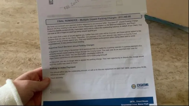 Carta de lembrete final recebida pela britânica